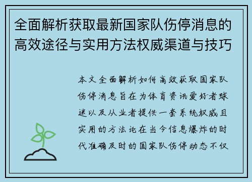 全面解析获取最新国家队伤停消息的高效途径与实用方法权威渠道与技巧